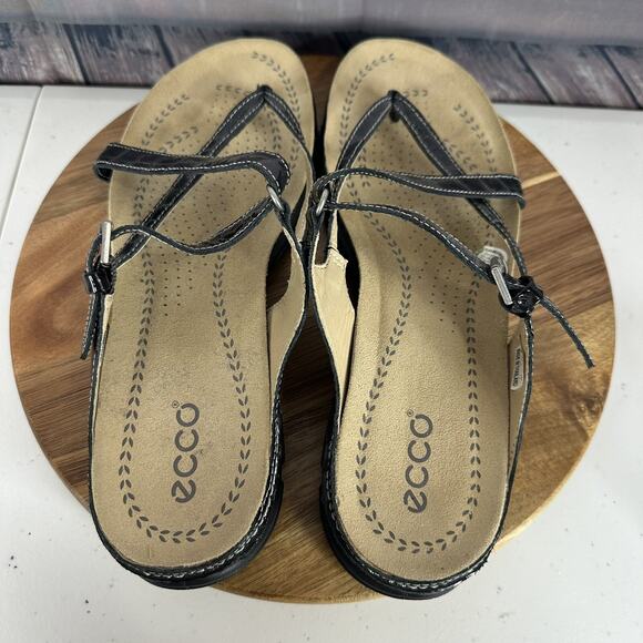 Ecco Sandal Womens 11.5 Black Leather Comfort Slip on Strappy Adustable Cork - Picture 8 of 13